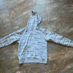 Boys large champion gray hoodie with logos